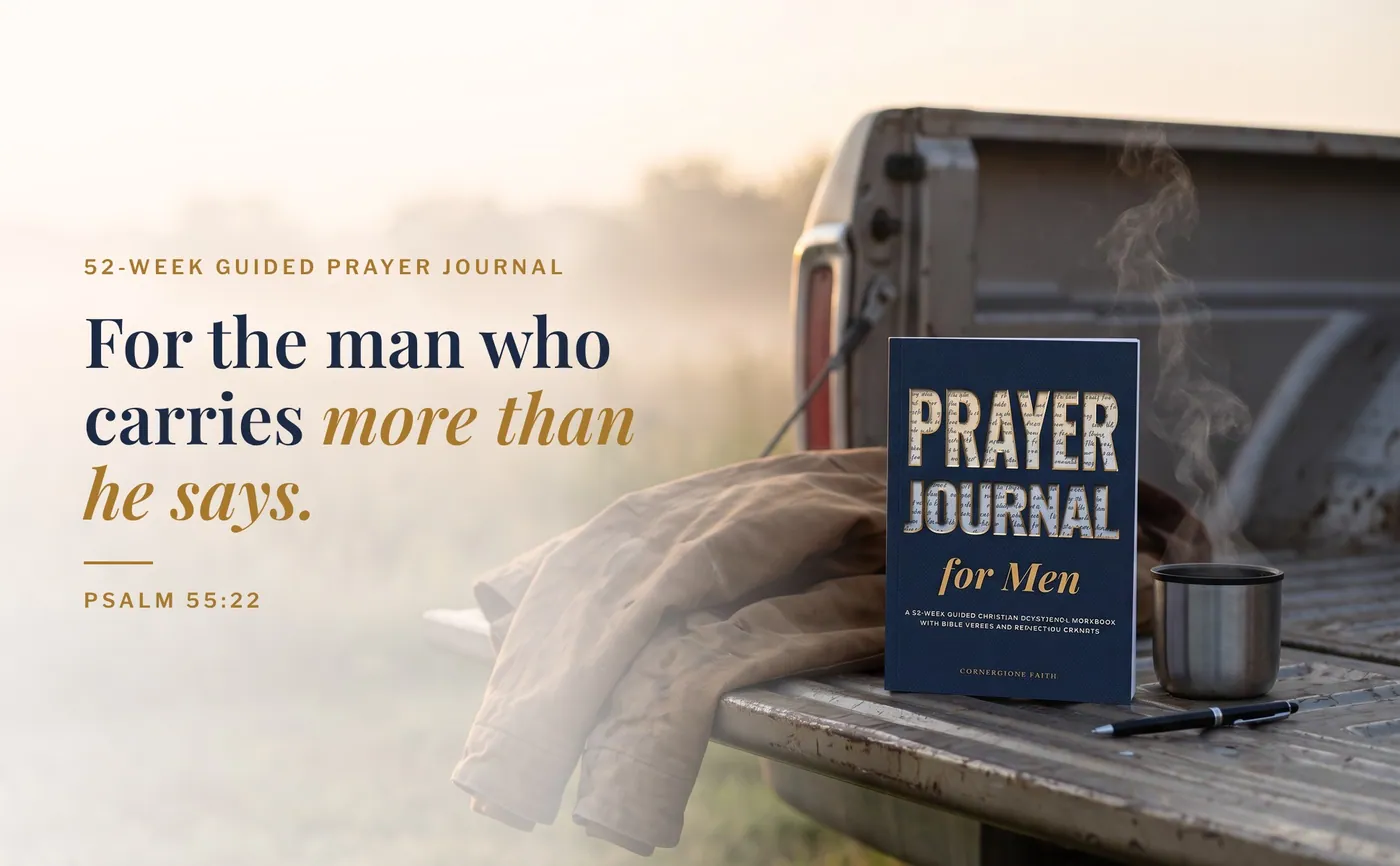 Prayer Journal for Men on a truck tailgate at sunrise beside a thermos, with the line For the man who carries more than he says