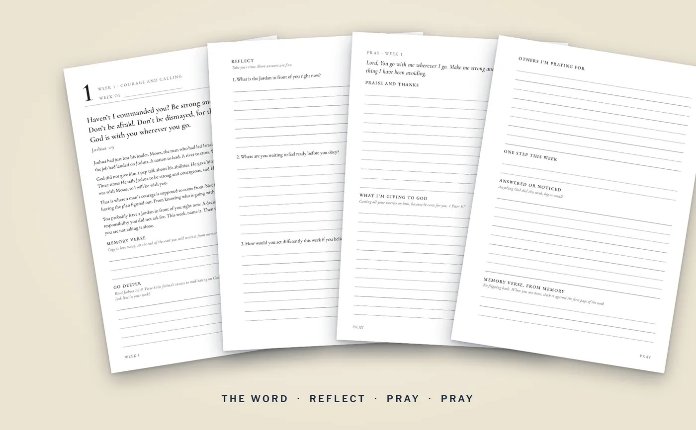 The four pages of week 1 fanned out: The Word, Reflect and the two-page prayer spread