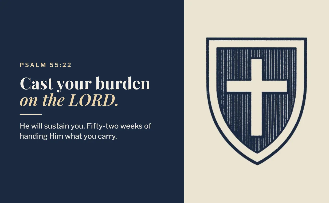 The line Cast your burden on the LORD beside the engraved shield and cross emblem