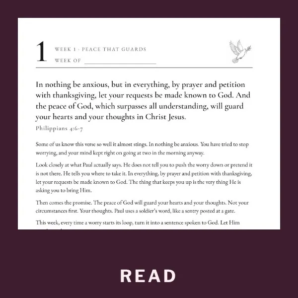 Week 1 opening page with Philippians 4:6-7, a short reading and a memory verse box