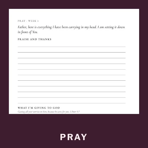 Prayer page with a prayer starter, praise and thanks, and what I'm giving to God