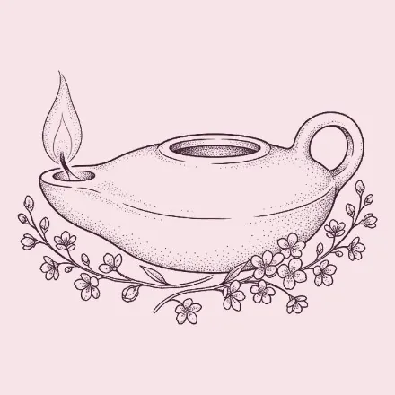 Hand-drawn clay oil lamp with blossoms