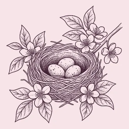 Hand-drawn nest in a blossoming branch