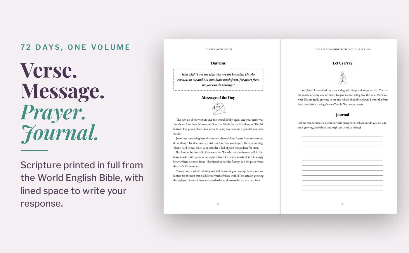 Sample two-page day from The Relationship With God Collection: verse, message, prayer and journal lines