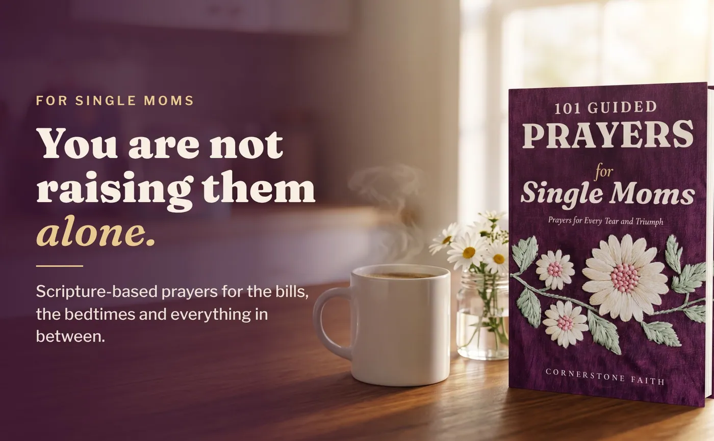 101 Guided Prayers for Single Moms on a kitchen table with coffee and daisies, with the line You are not raising them alone