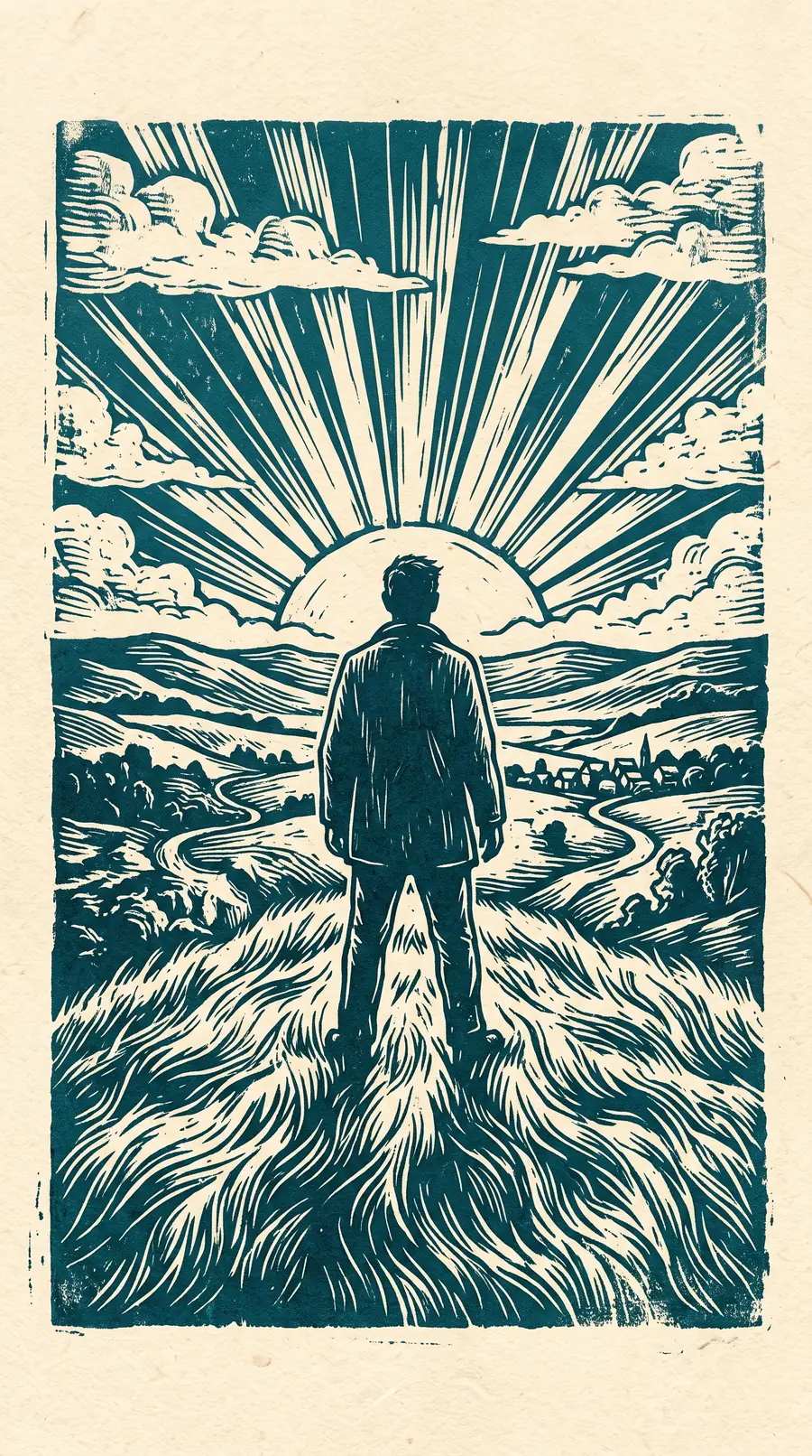 Woodcut of a man standing on a hill facing the sunrise