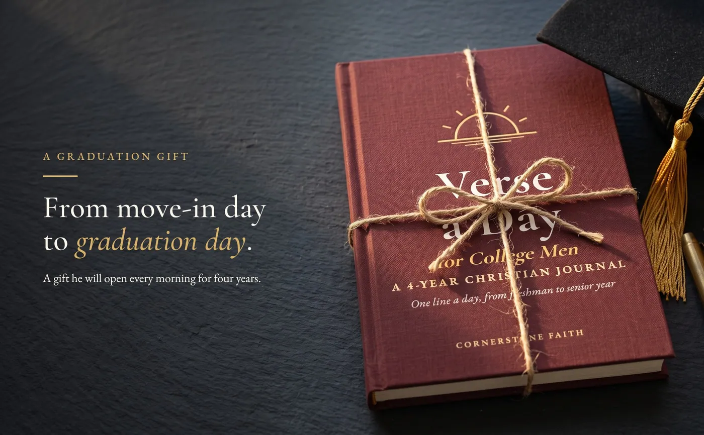 Verse a Day for College Men tied with twine beside a graduation cap, with the line From move-in day to graduation day