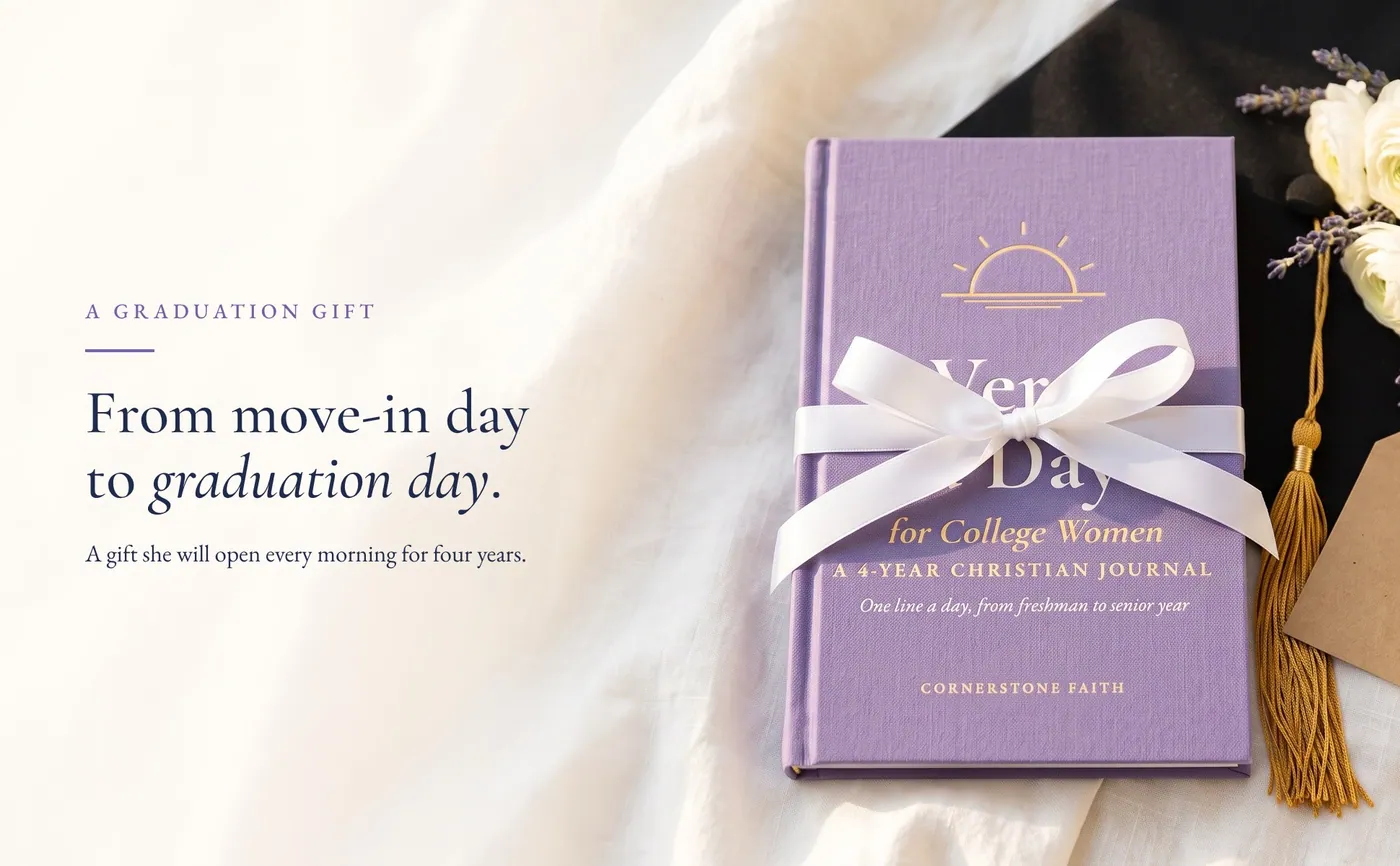 Verse a Day for College Women tied with a white ribbon beside a graduation tassel, with the line From move-in day to graduation day