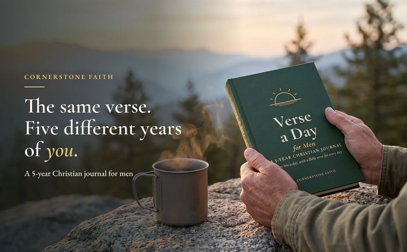 Verse a Day for Men paperback in forest green linen beside: The same verse, five years of you