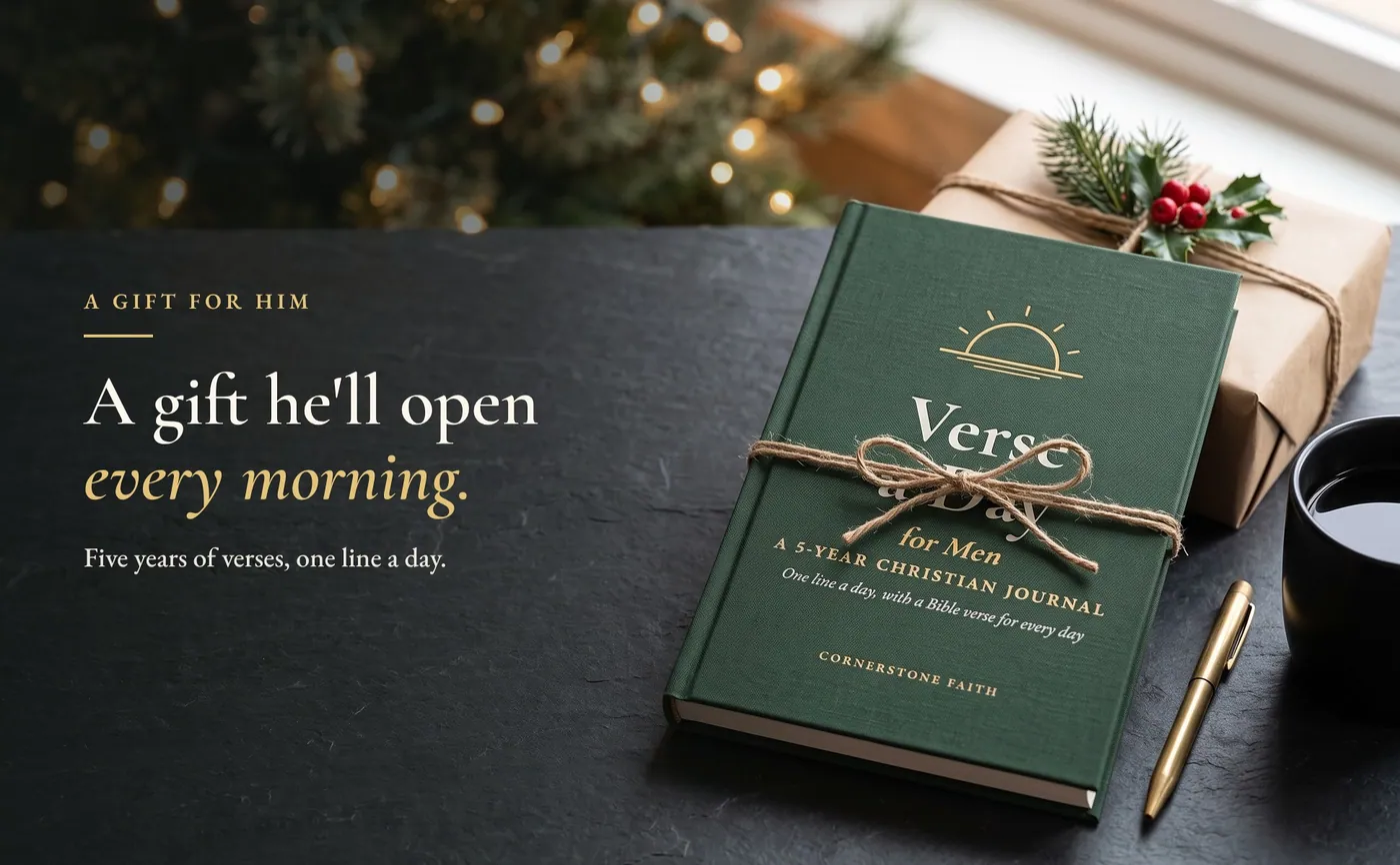 Verse a Day for Men tied with twine and holly on a dark desk, with the line A gift he'll open every morning