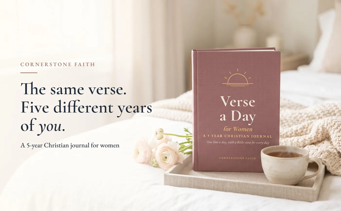 Verse a Day for Women in dusty rose linen on a breakfast tray in a bright bedroom