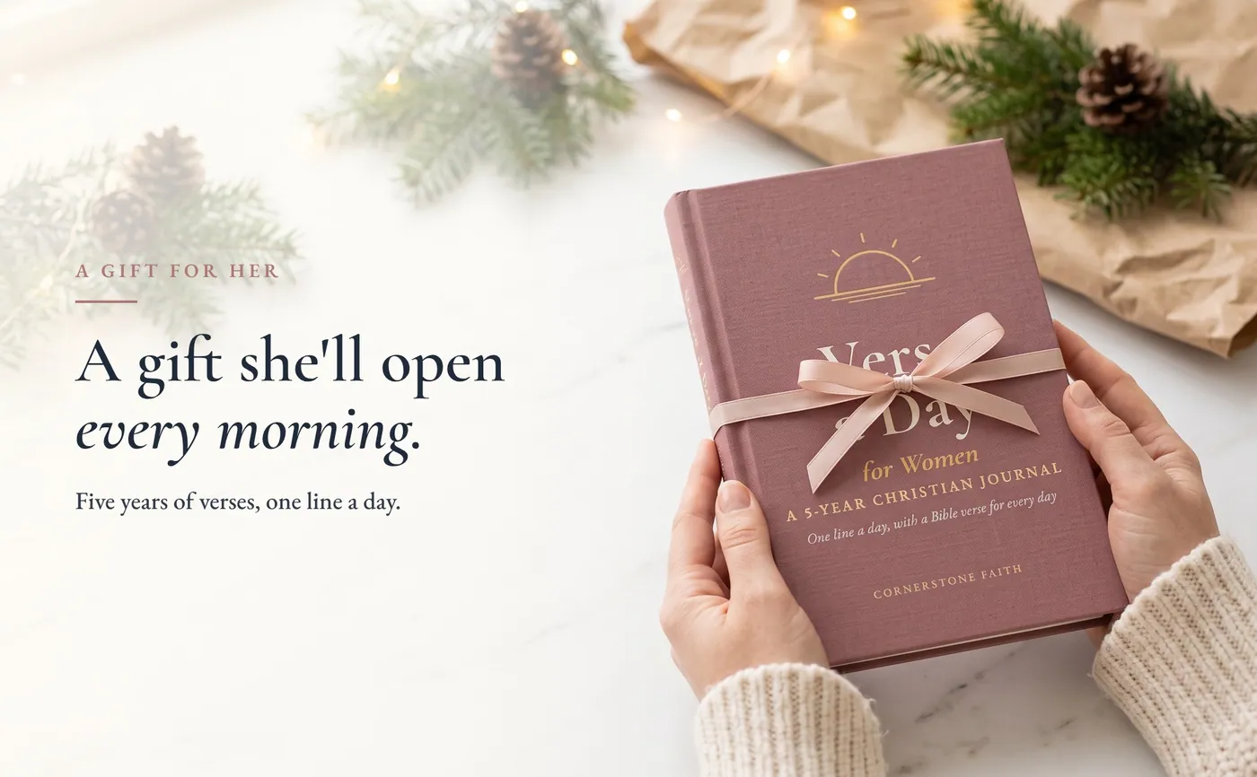 Hands holding Verse a Day for Women tied with a blush ribbon, with the line A gift she'll open every morning