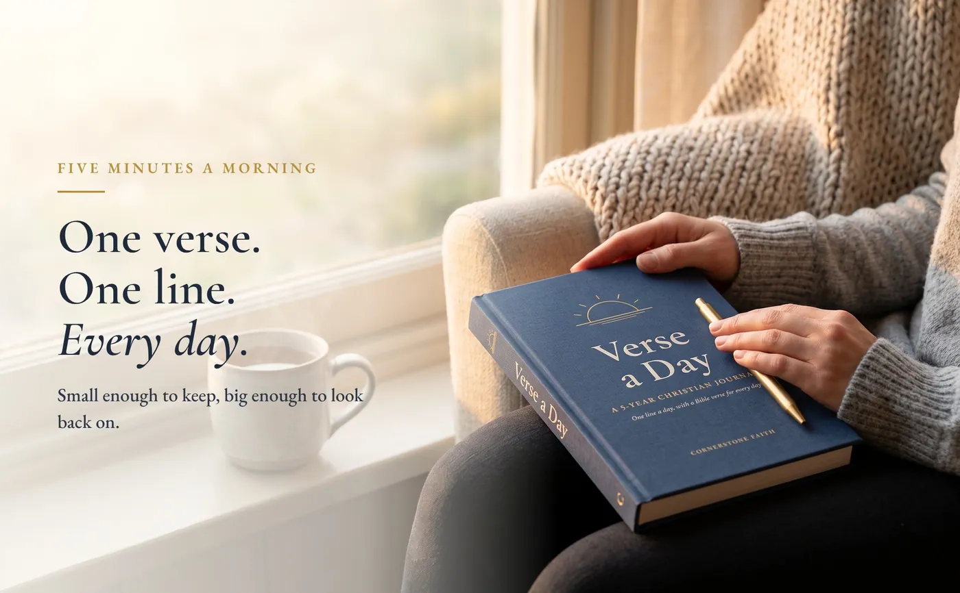 A woman holding Verse a Day on her lap by a window, with the line One verse, one line, every day
